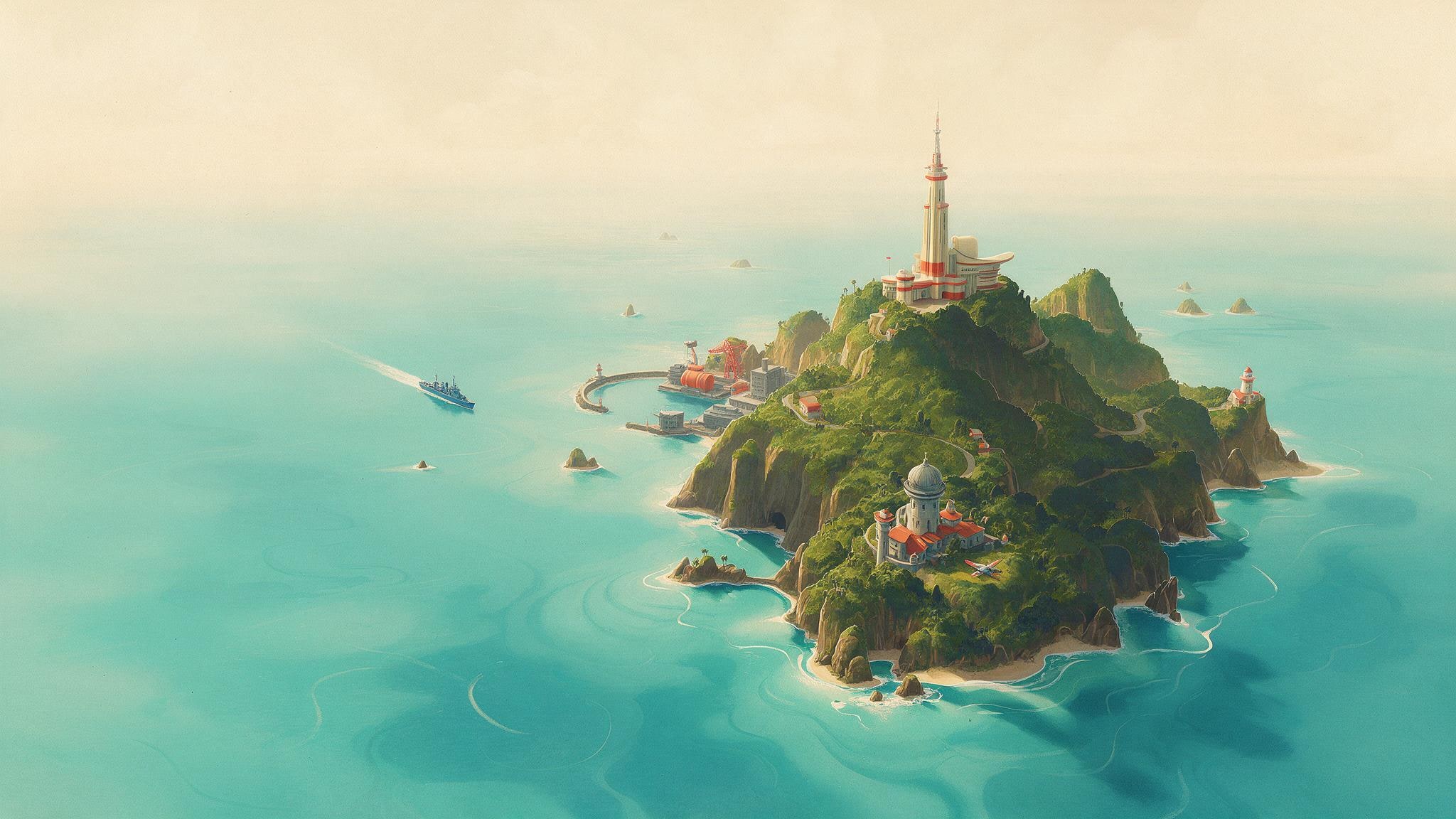 A mysterious illustrated island with a radio tower, a tiny ship and a world of possibilities.